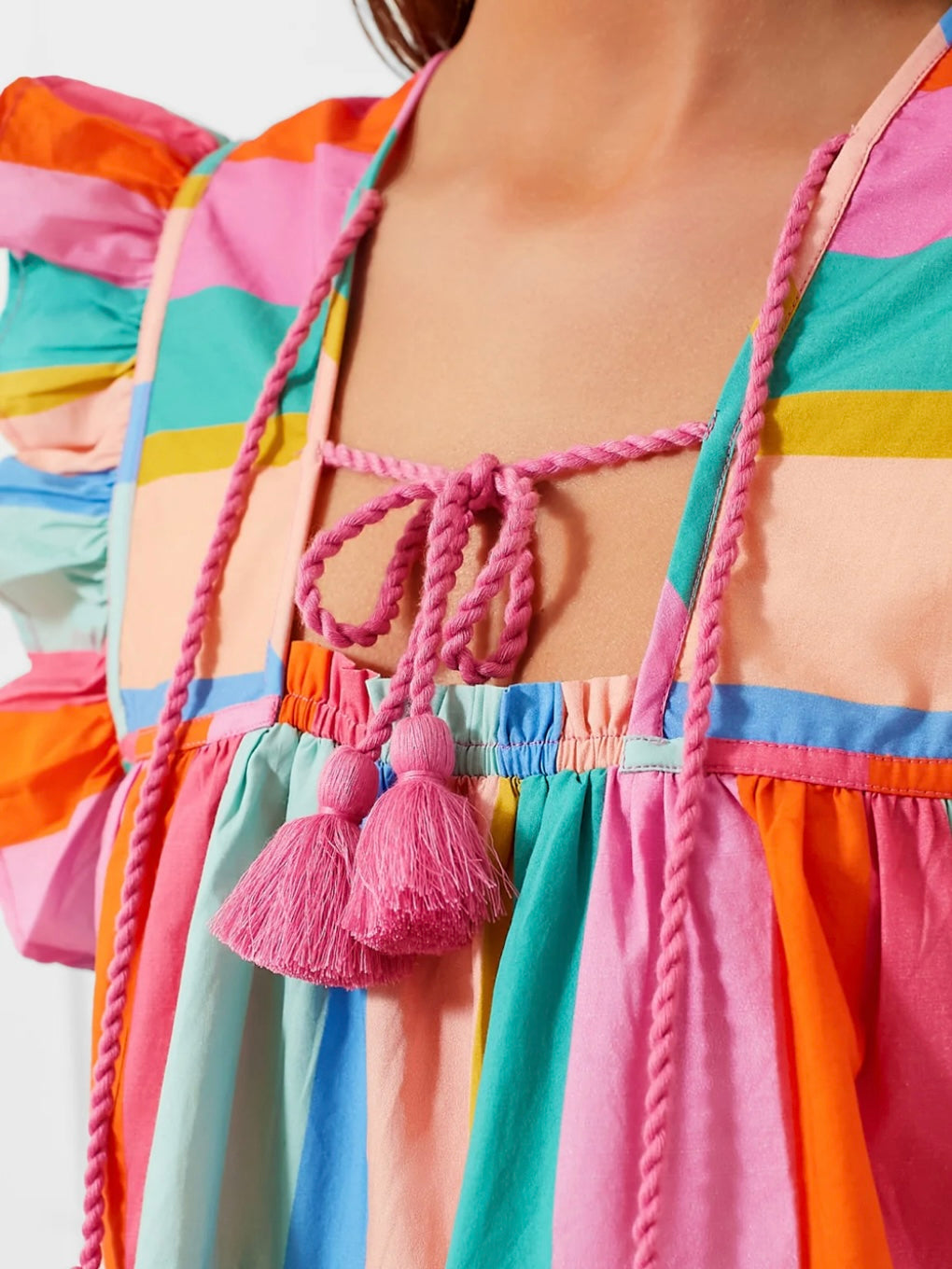 Colorful striped square neck ruffle top