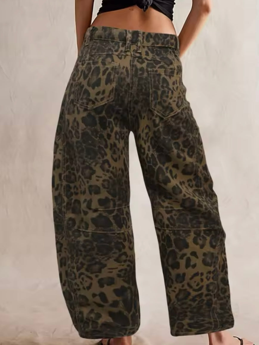 Oversized animal print barrel jeans