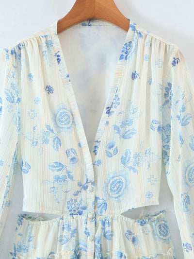White and light blue roses print maxi dress