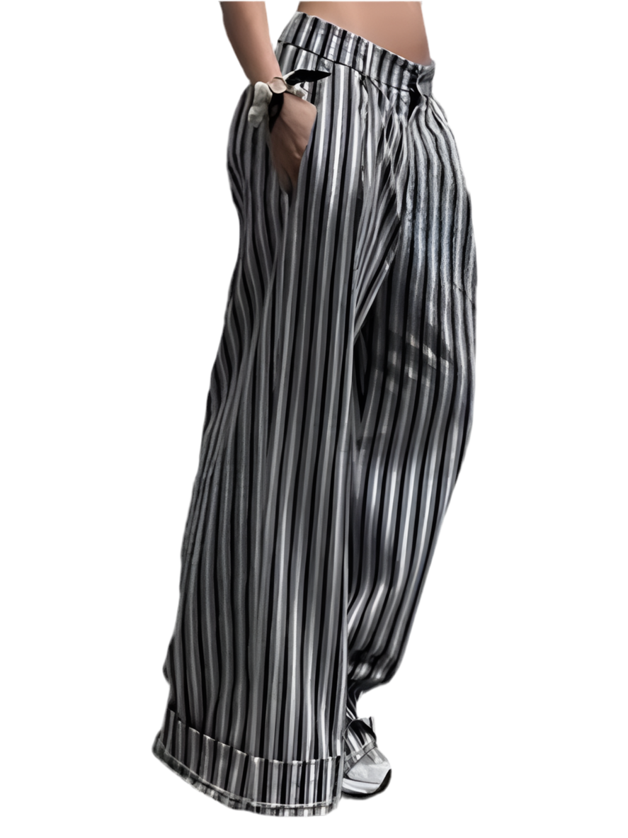 Gray striped double layer straight leg pants