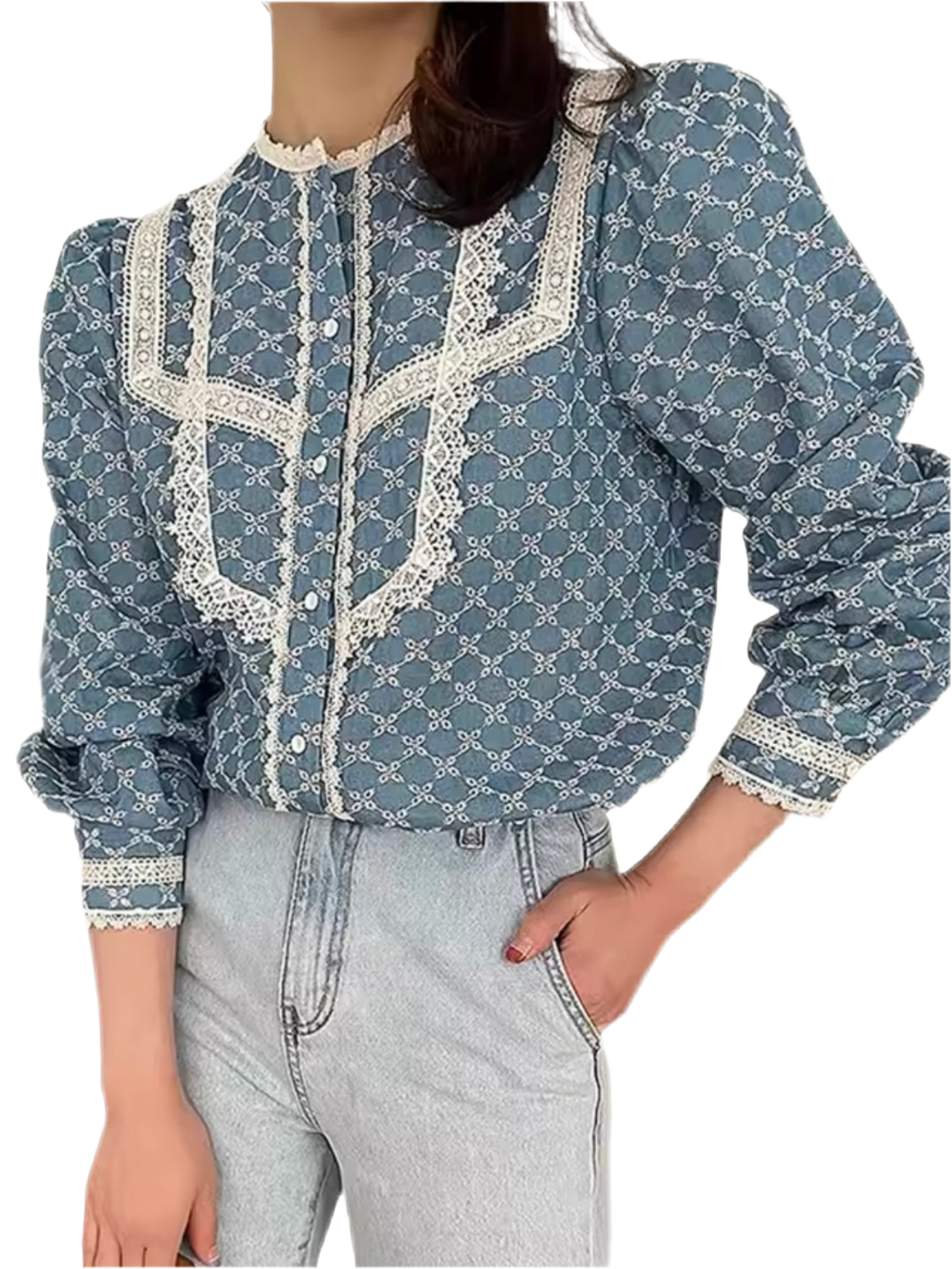 Blue and beige printed lace ruffle details shirt