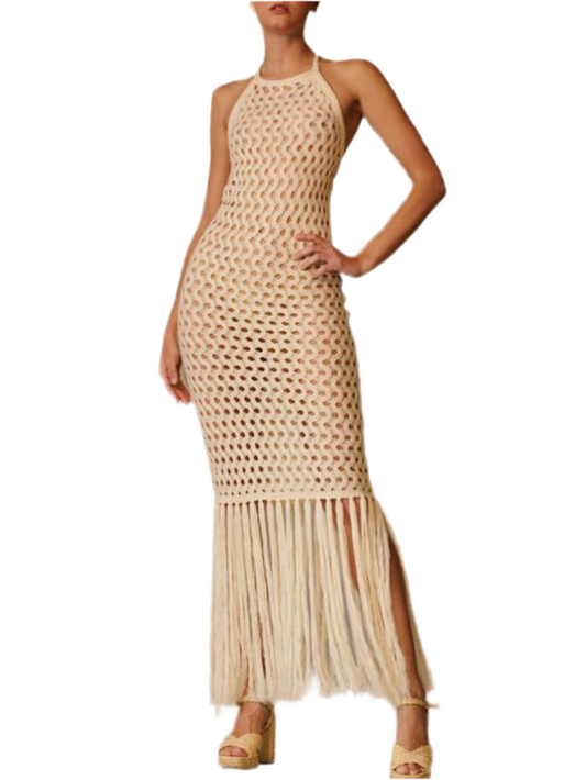 Beige crochet spaghetti fringes tassels tube maxi dress