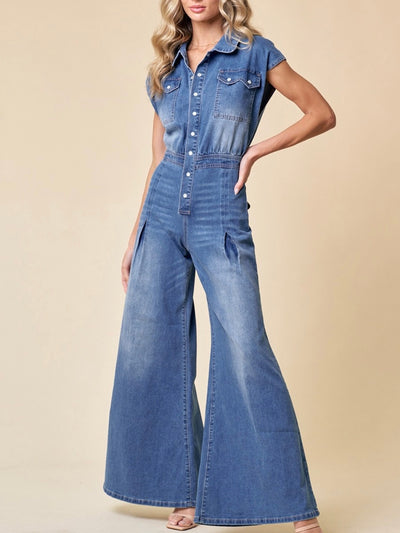 Wide leg denim jumpsuit