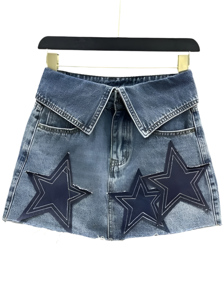 Mid blue stars jeans folded mini skirt