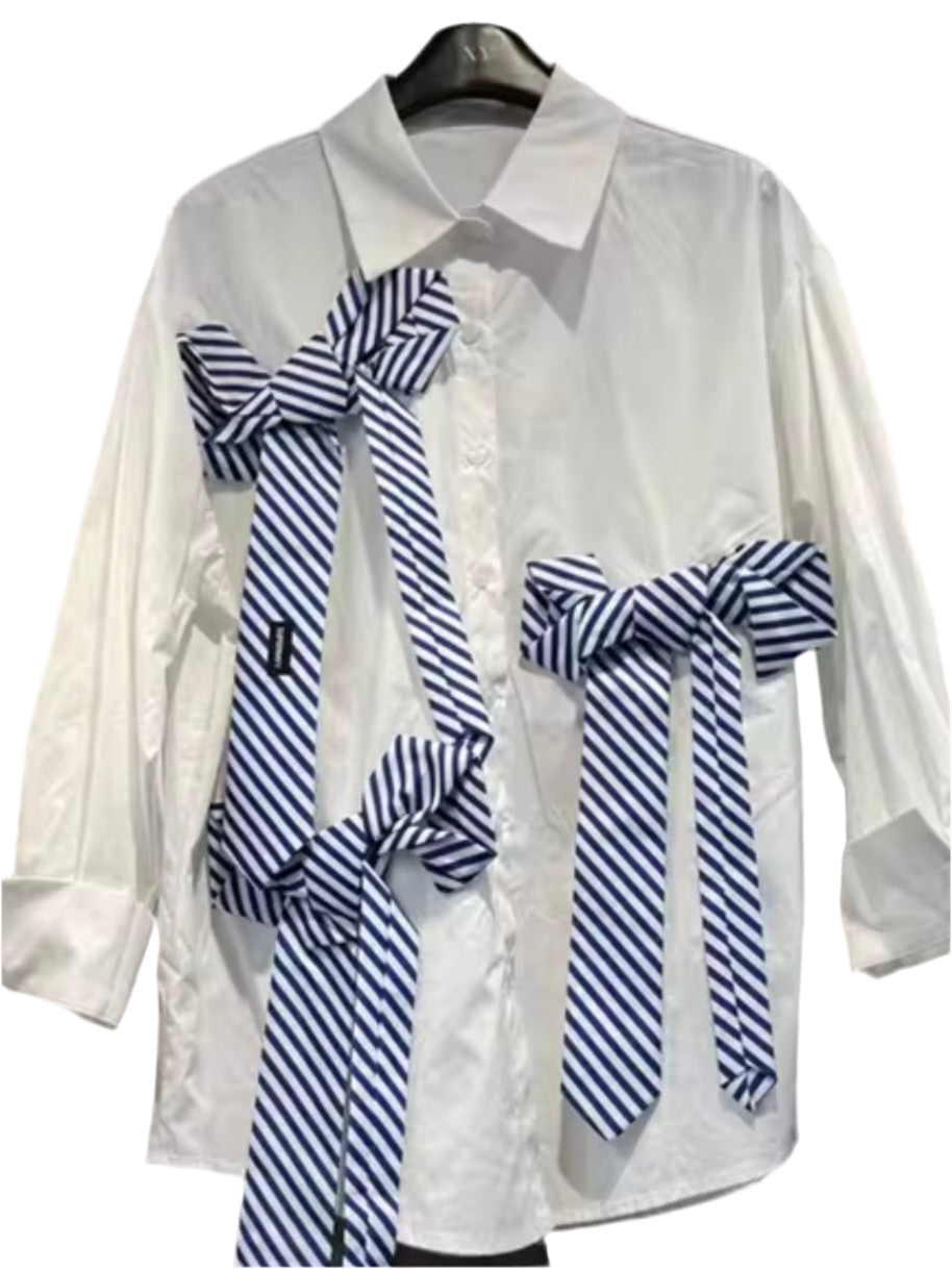 White and blue striped bows shirt