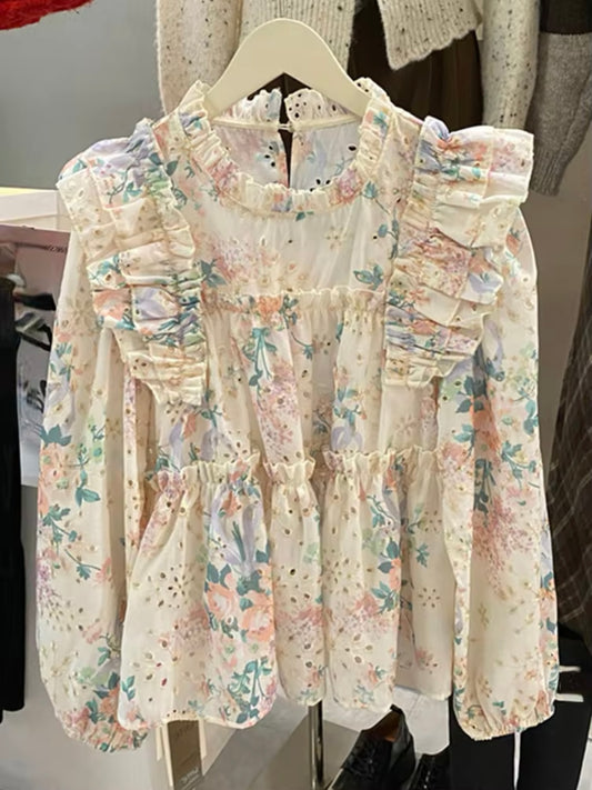 Floral print pastel colors ruffle details shirt