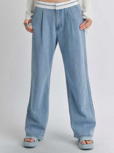 Light blue wide fold over waist pants