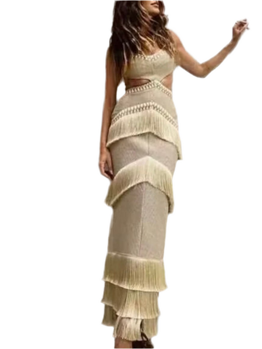 Beige layered cutout maxi dress