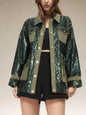 Green jeans sequins patches bubble sleeves jeans jacket