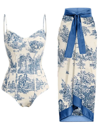 White and blue printed set of 2 swimsuit and maxi skirt