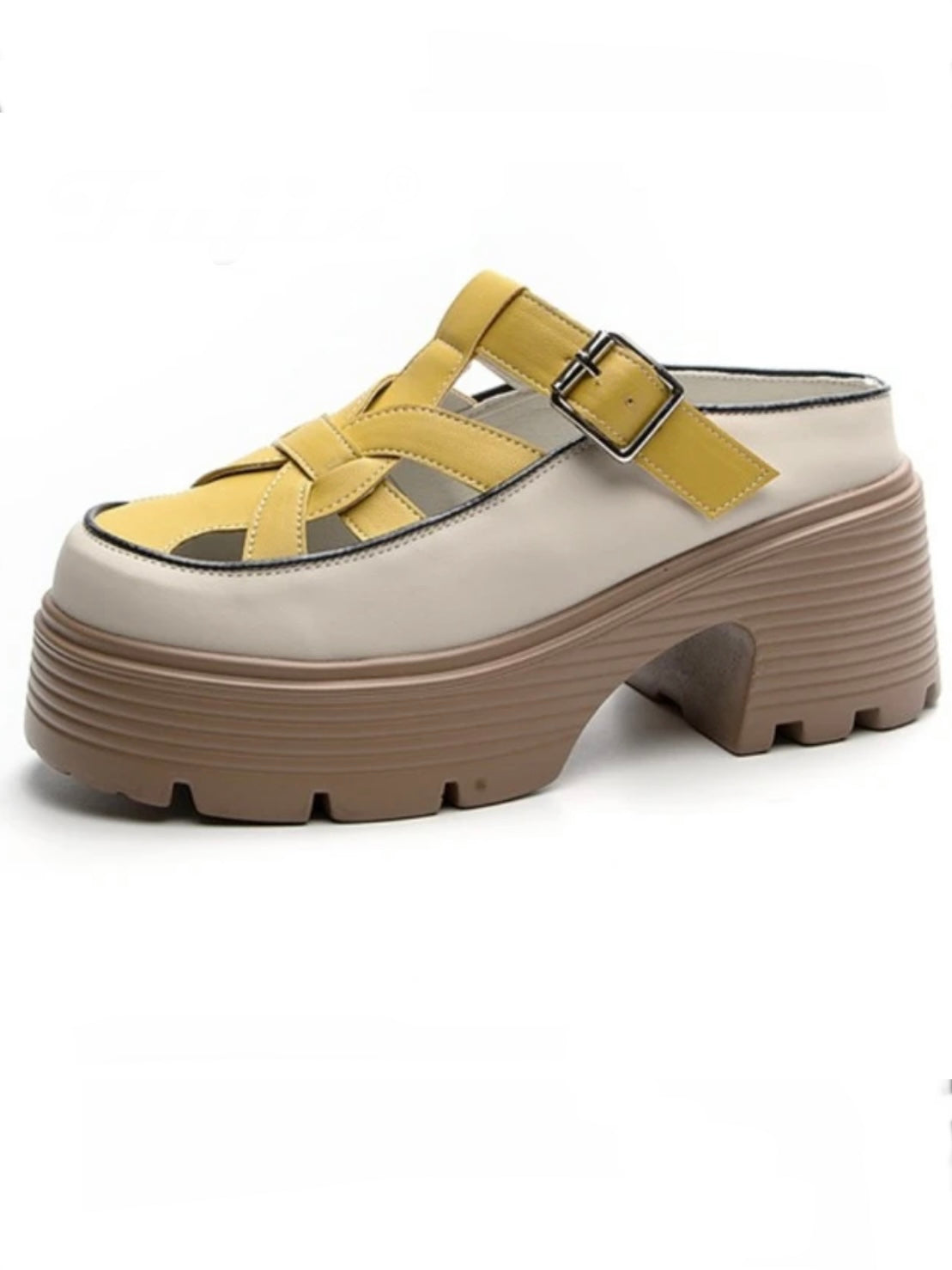 Beige and yellow high heels platform sandals