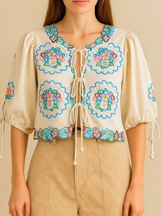 Beige floral embroidered tide front closure shirt