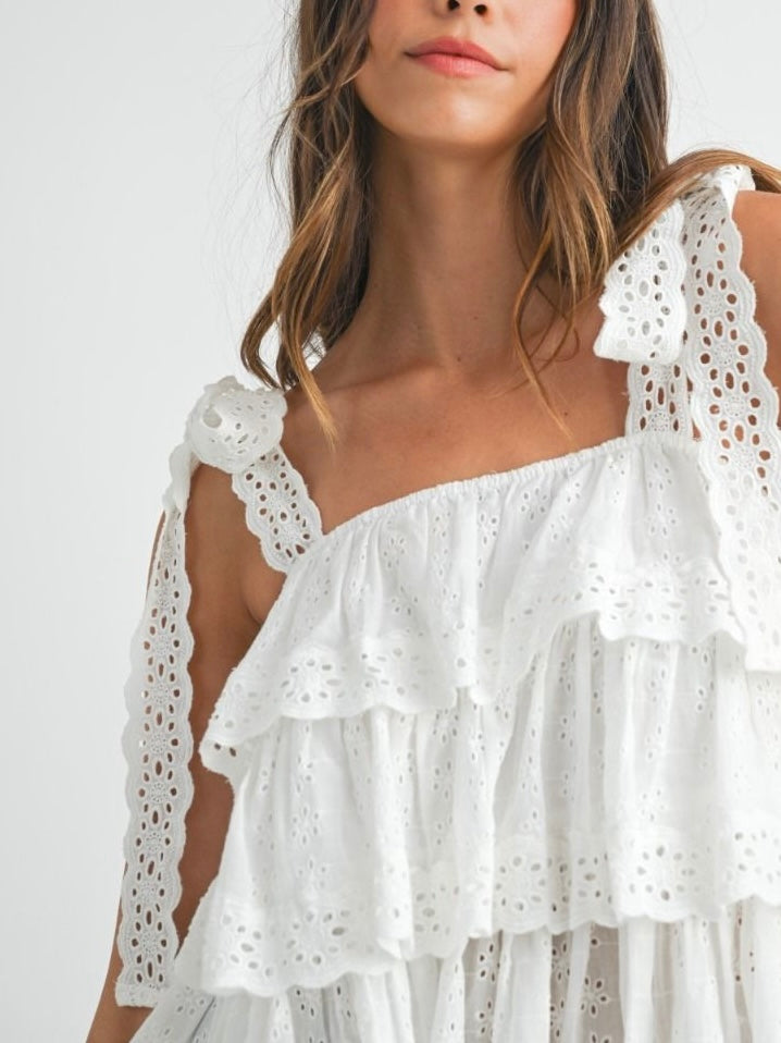 White ruffle layered lace top