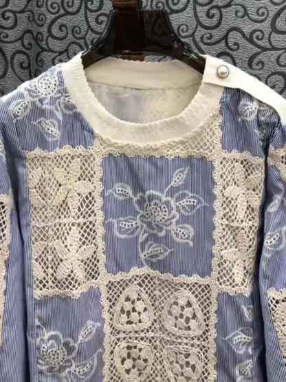 Ligh blue and white round neck mix fabrics shirt