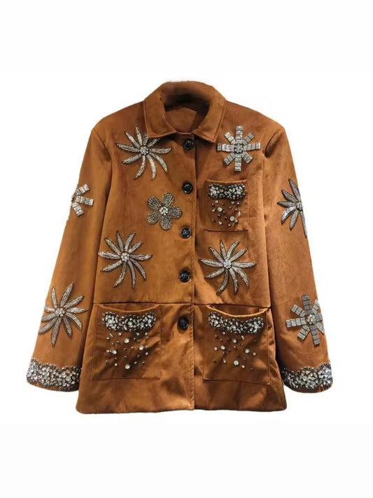 Brown leather jacket with floral details