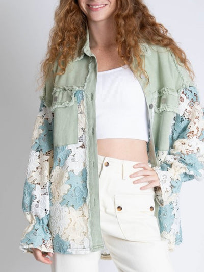 Flower ragged lace raw hem denim jacket