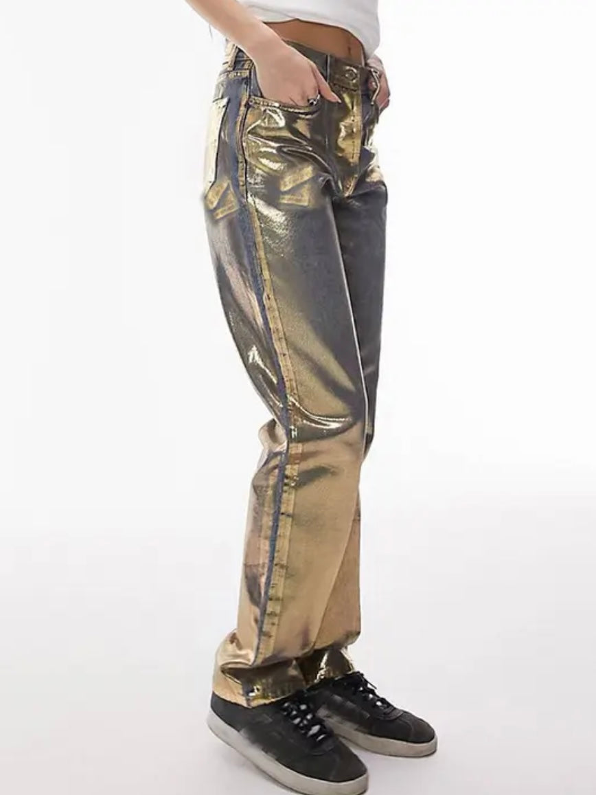 Metallic blue/gold straight denim