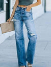 Blue fringe denim irregular raised waist trousers