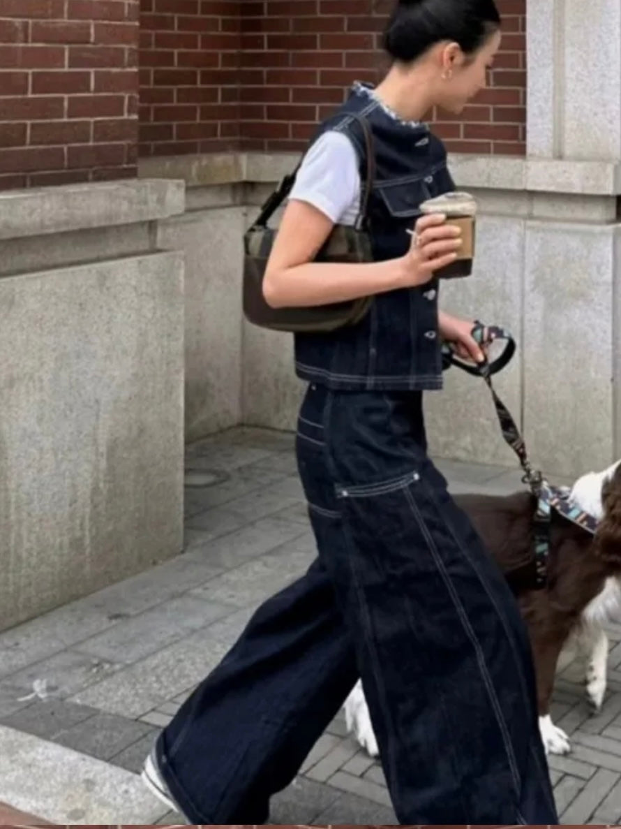 Fede Dark blue denim set of 2 vest top and pants