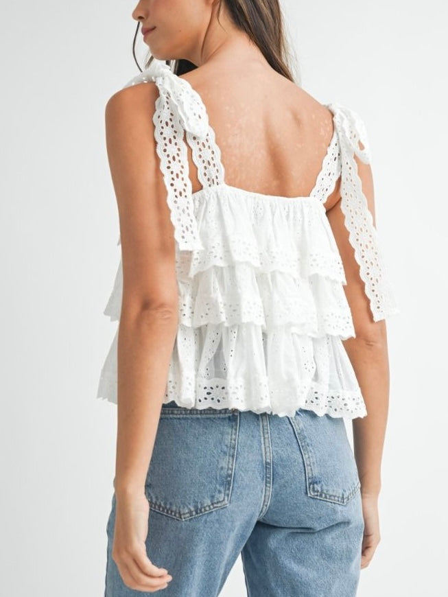 White ruffle layered lace top