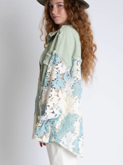 Flower ragged lace raw hem denim jacket
