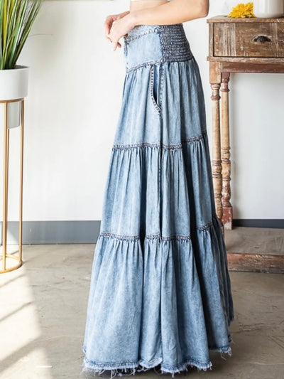 Mineral washed tencel tiered skirt