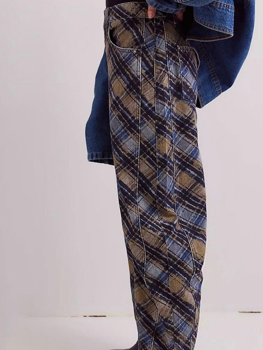 Blue Striped & Square Print Barrel Pants – Limited Edition