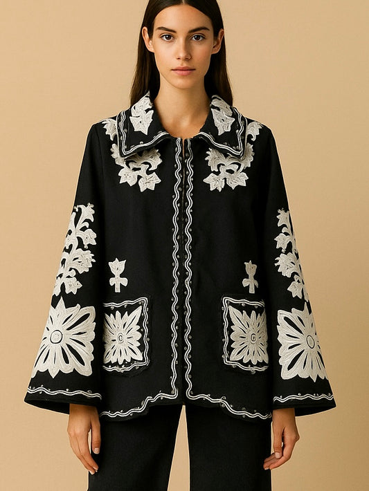 Dark blue and white embroidered floral shirt