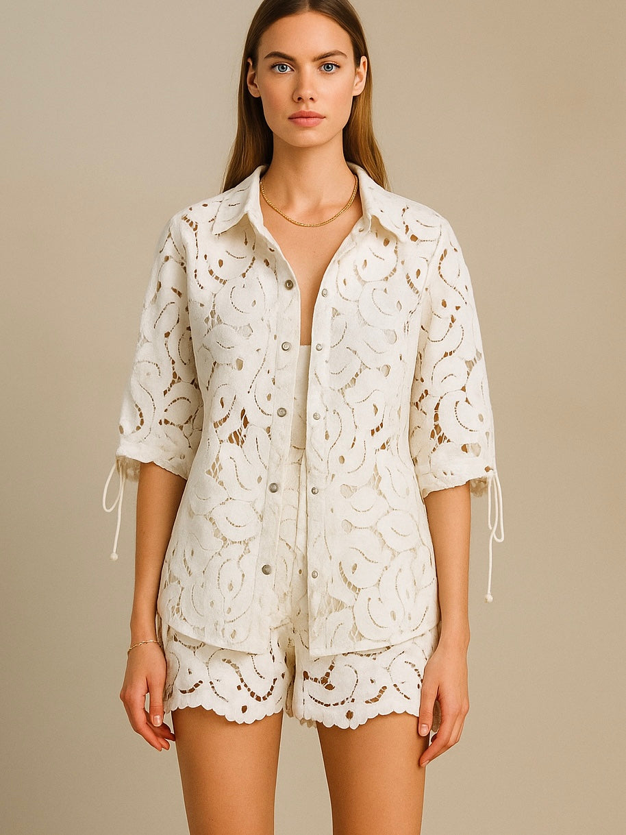 White leaves lace fabric set of 2 shirt and shorts pants