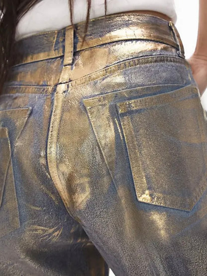 Metallic blue/gold straight denim