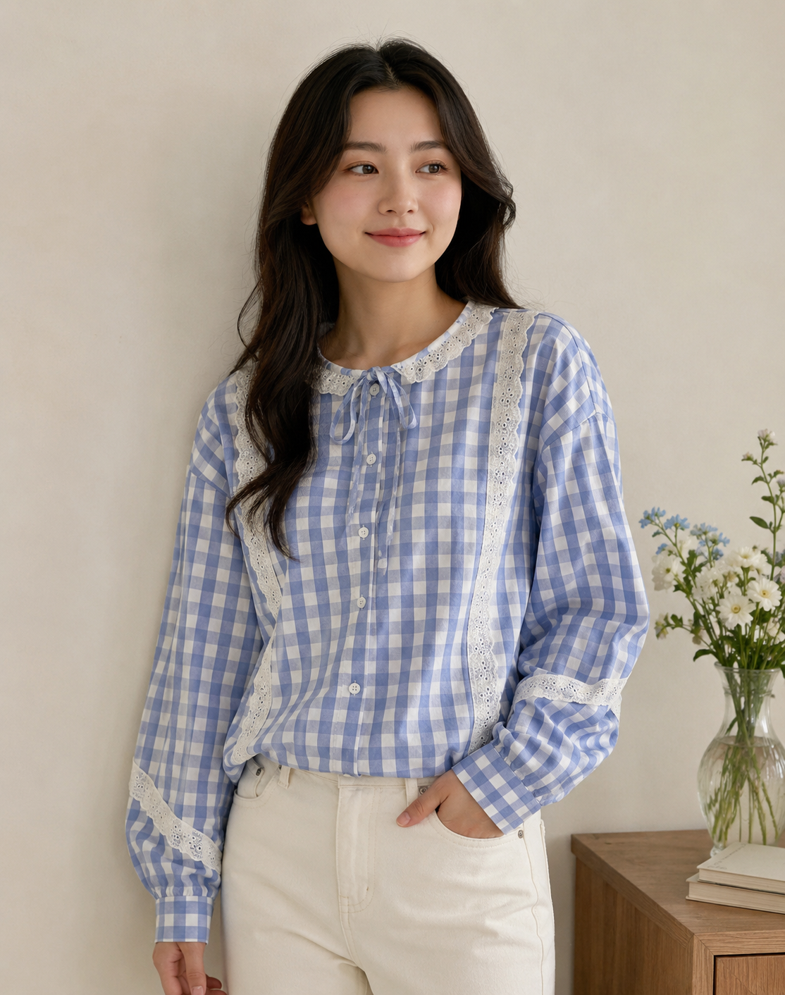 Light blue and white checkered lace round neck lanterns long sleeves shirt