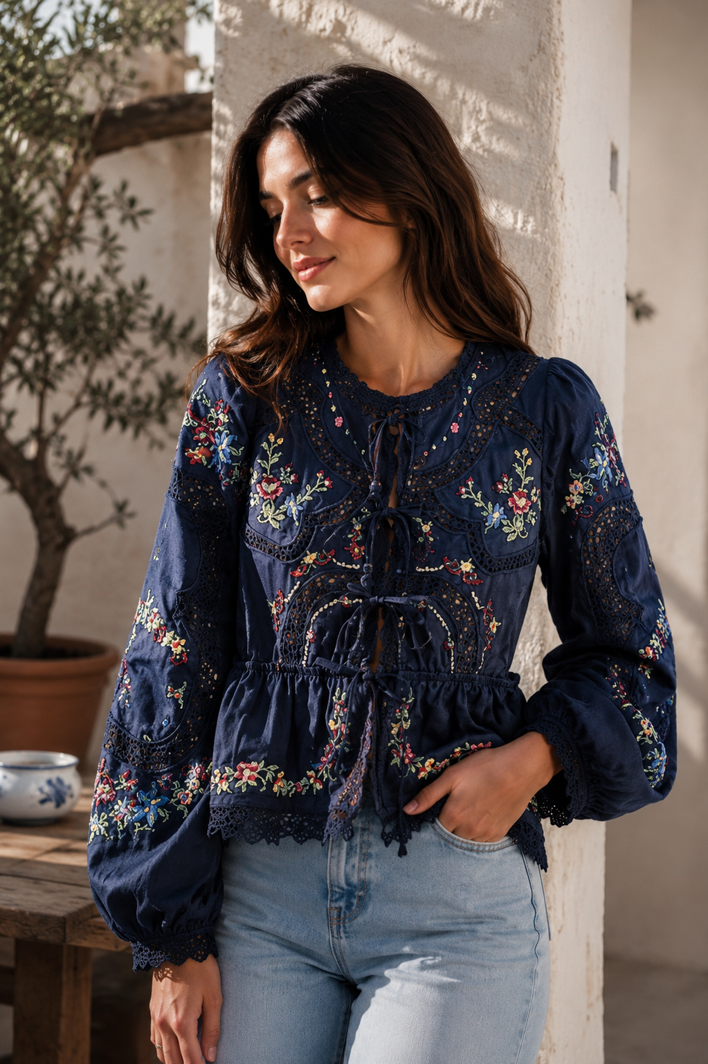 Blue, Burgundy and white embroidered floral bomber short sleeves shirt (Copy)