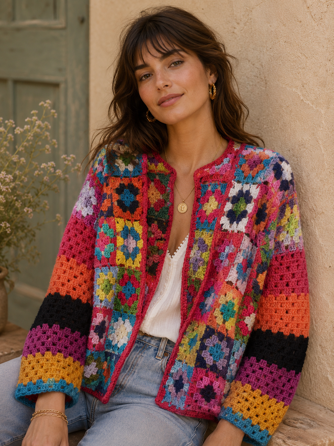 Floral colored rainbow cardigan knitted sweater