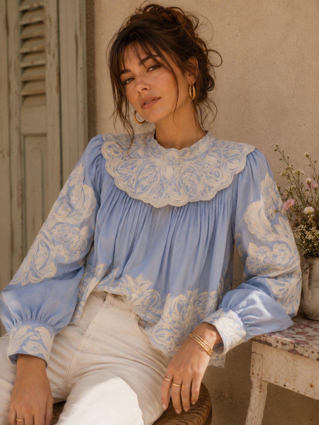 Light blue white big neckline bomber shirt