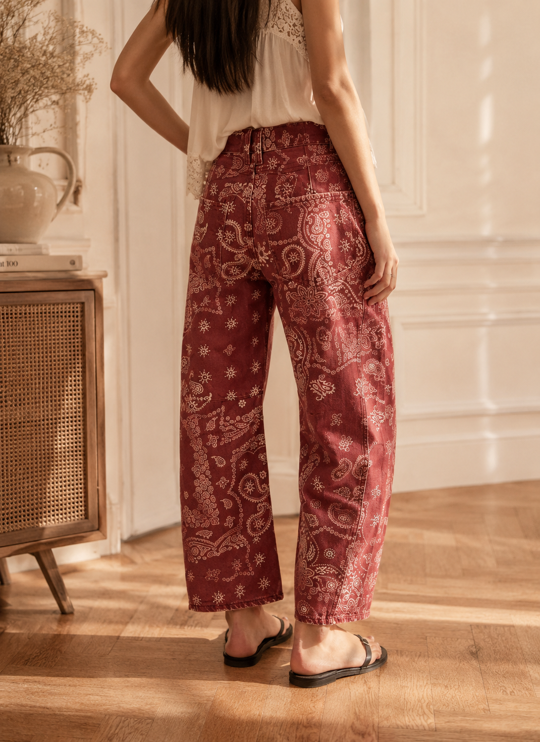 Red bacteria and floral print Pattern Barrel Pants