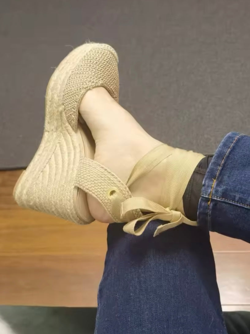 Beige macrame fabric espadrilles high heels platform