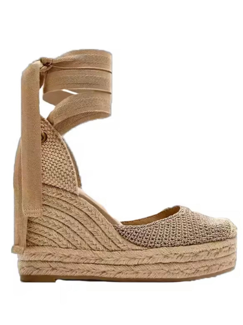 Beige macrame fabric espadrilles high heels platform
