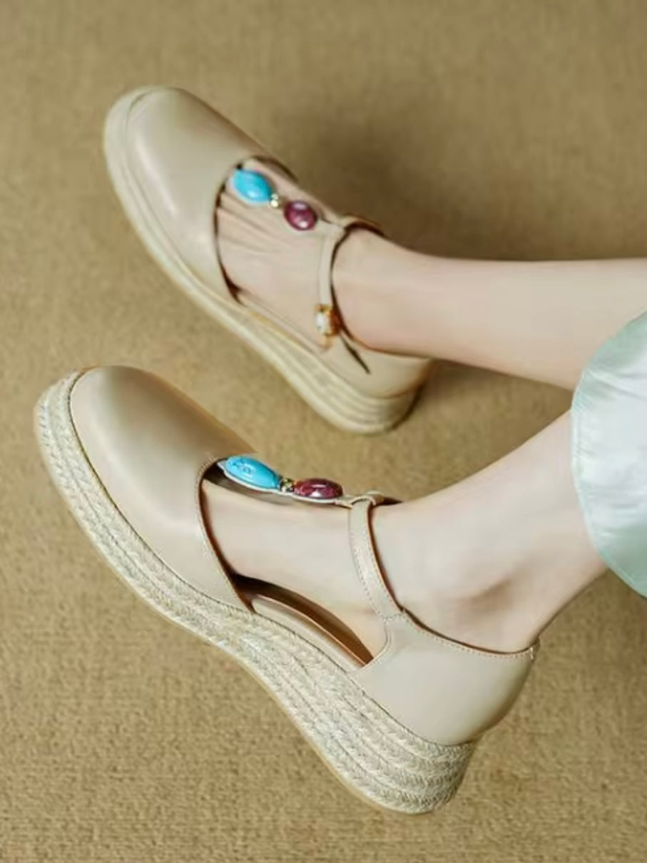 Cow leather espadrilles buckled strap platform