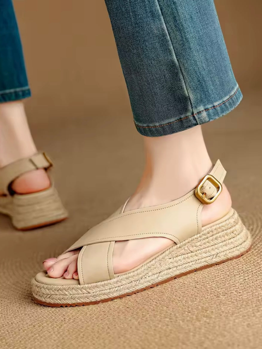 White and beige espadrilles platform sandals