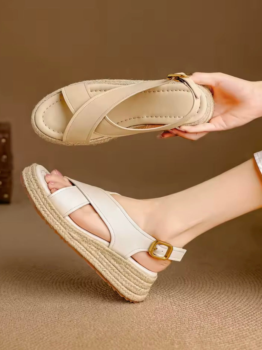 White and beige espadrilles platform sandals