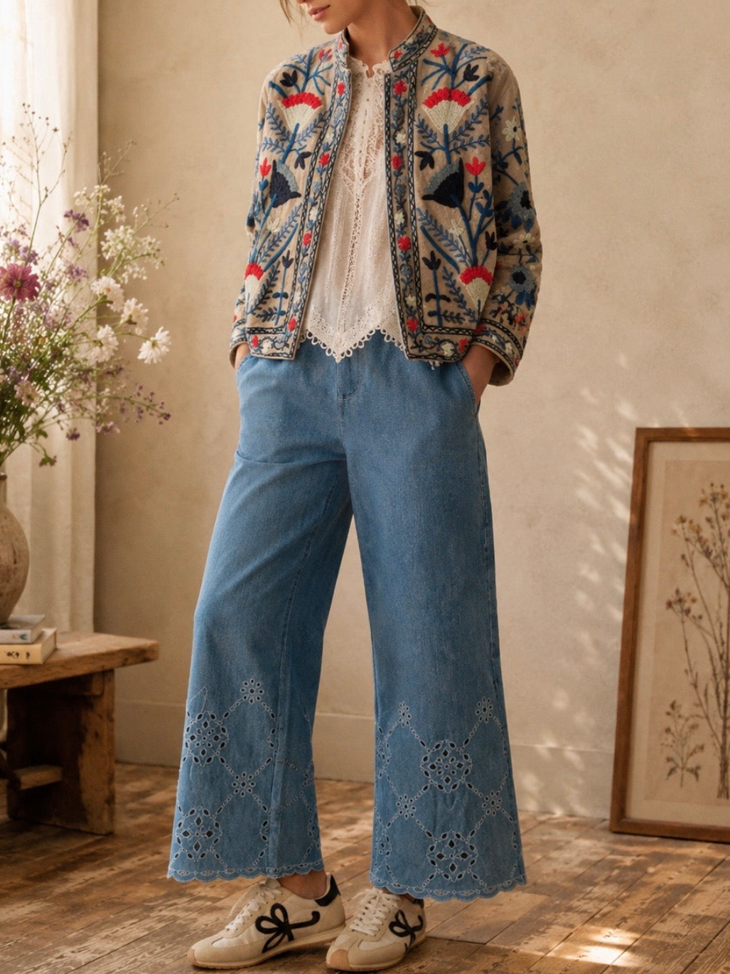 Colored floral embroidered open front bomber jacket