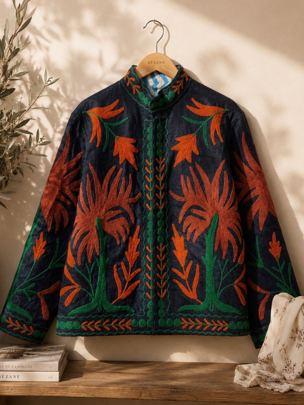 Colored floral embroidered open front bomber jacket