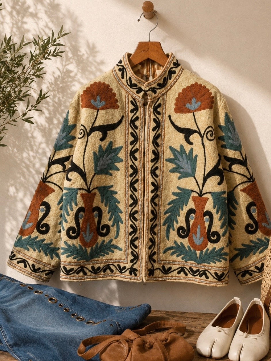 Colored floral embroidered open front bomber jacket