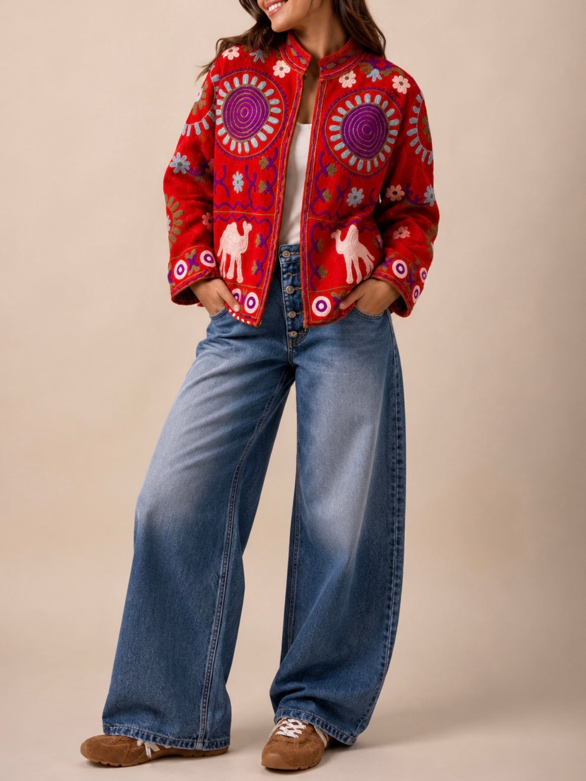 Colored floral embroidered open front bomber jacket