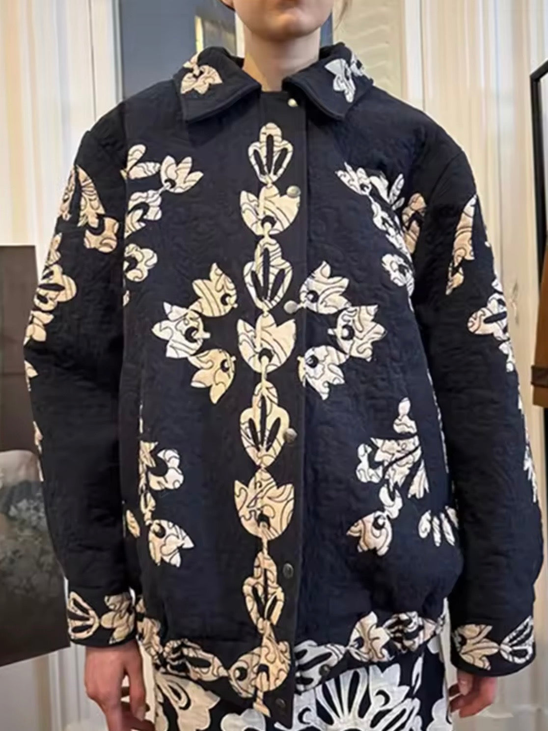 Colored floral embroidered open front bomber quilted jacket
