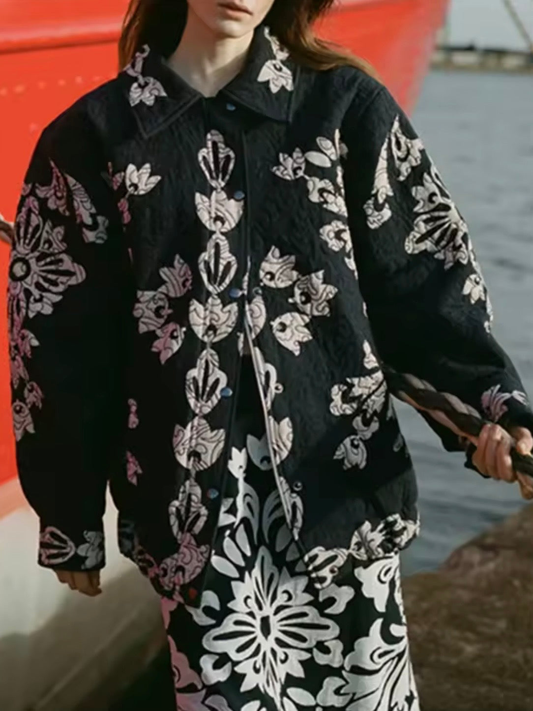 Colored floral embroidered open front bomber quilted jacket