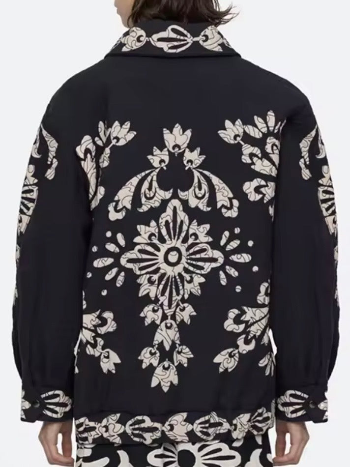 Colored floral embroidered open front bomber quilted jacket
