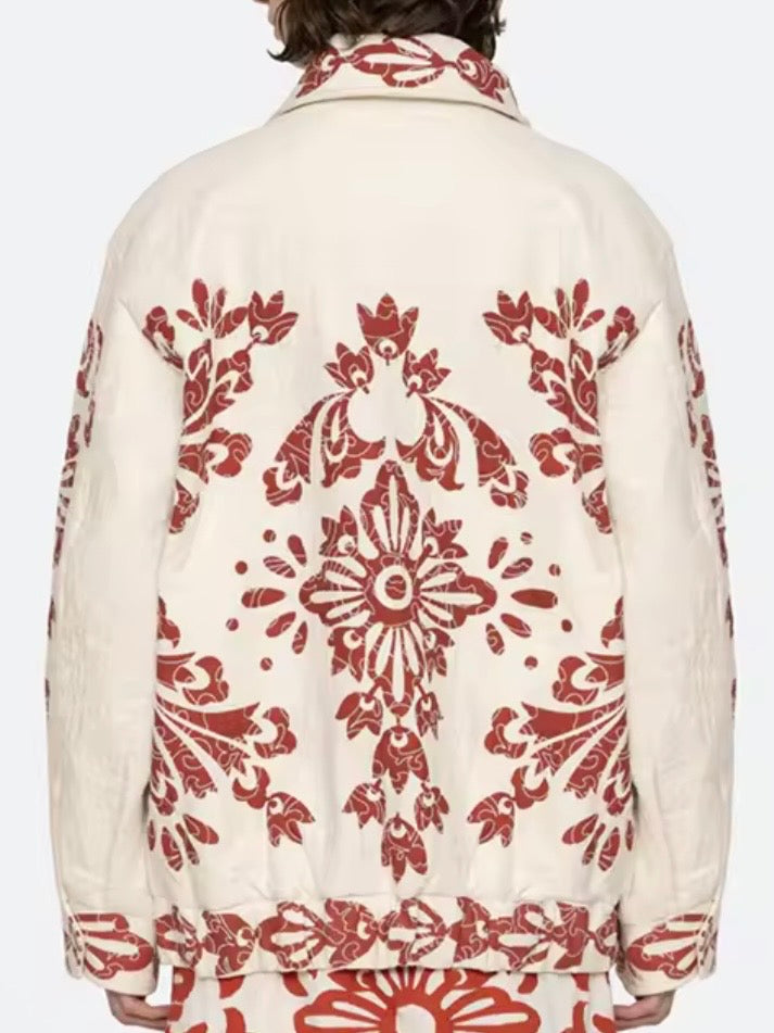 Colored floral embroidered open front bomber quilted jacket