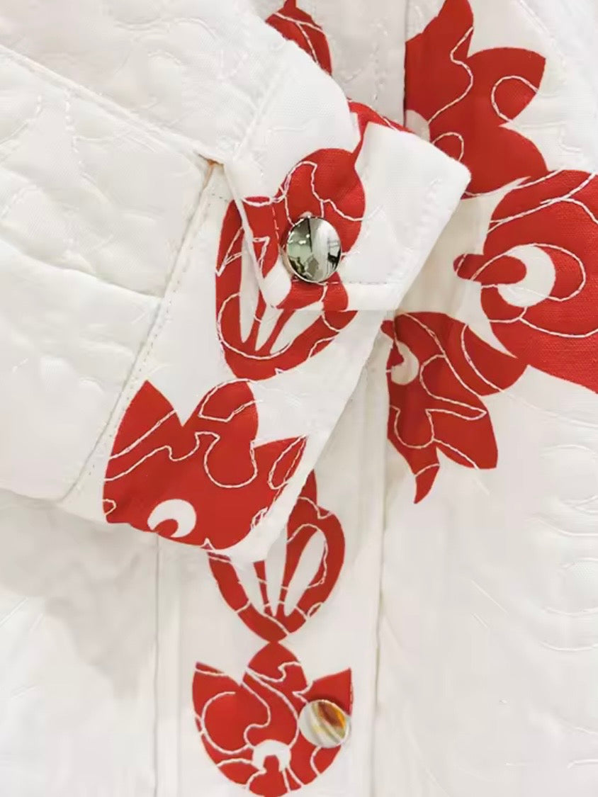Colored floral embroidered open front bomber quilted jacket