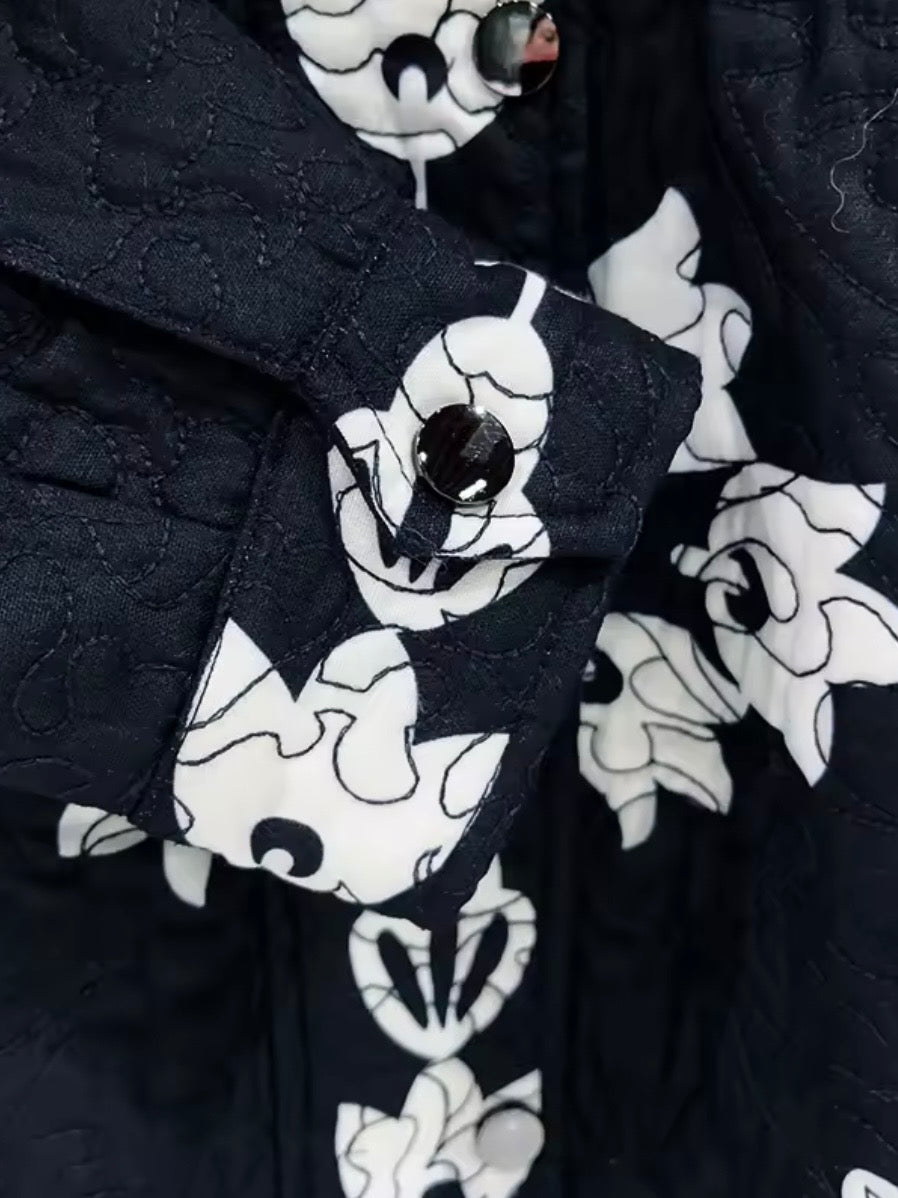 Colored floral embroidered open front bomber quilted jacket